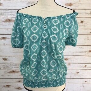 Joe Fresh Peasant Blouse Women Medium Green Cotton Elastic Neckline